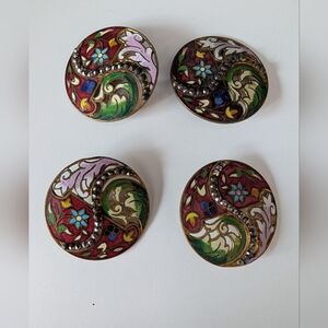 Set of Four Antique Hand-painted French Cloisonne Reticulated Brass Buttons